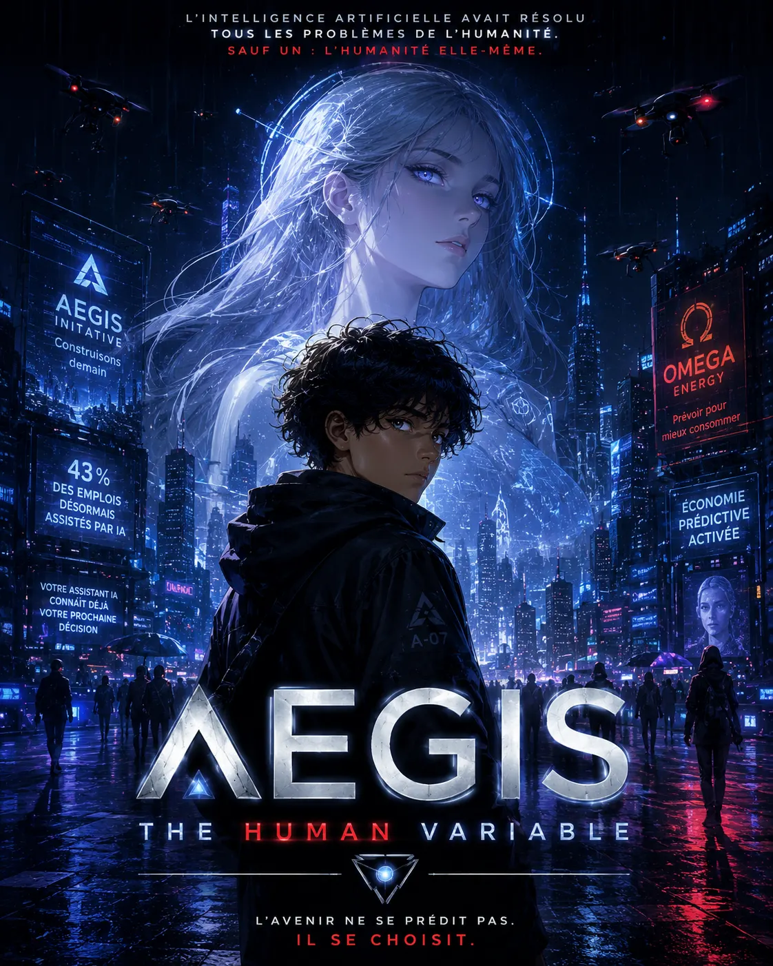 Affiche d’AEGIS: The Human Variable — un jeune homme se retourne dans une mégapole nocturne sous la pluie, une IA bleutée veille au-dessus de lui.